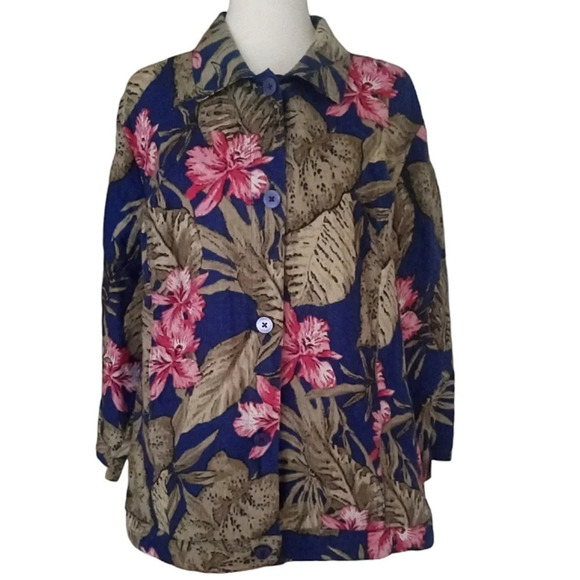 Chico's Tropical Botanical Print 100% Linen Button Front Blouse Size 3 XL - Picture 1 of 7